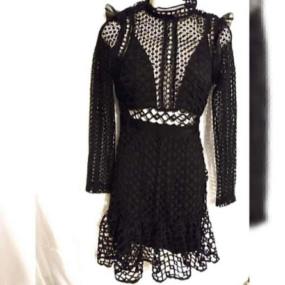L'atiste Black Lace Lantern Crochet  Long Sleeve Mini Dress S - Picture 4 of 8